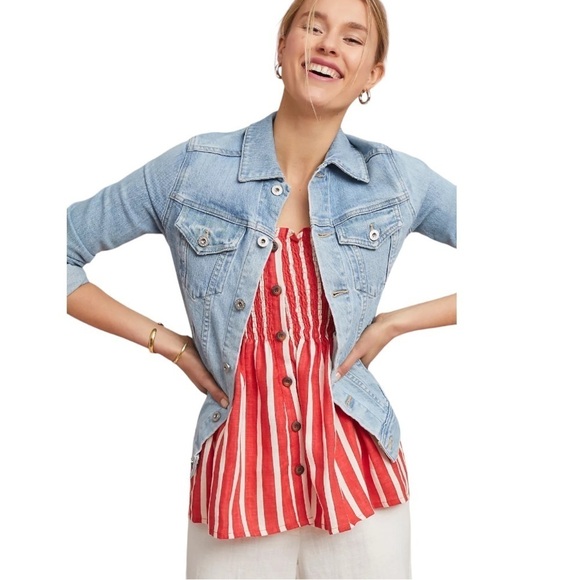 Faithfull The Brand Mazur Strapless Striped Linen Top Smocked US 6 Peplum - Picture 1 of 15